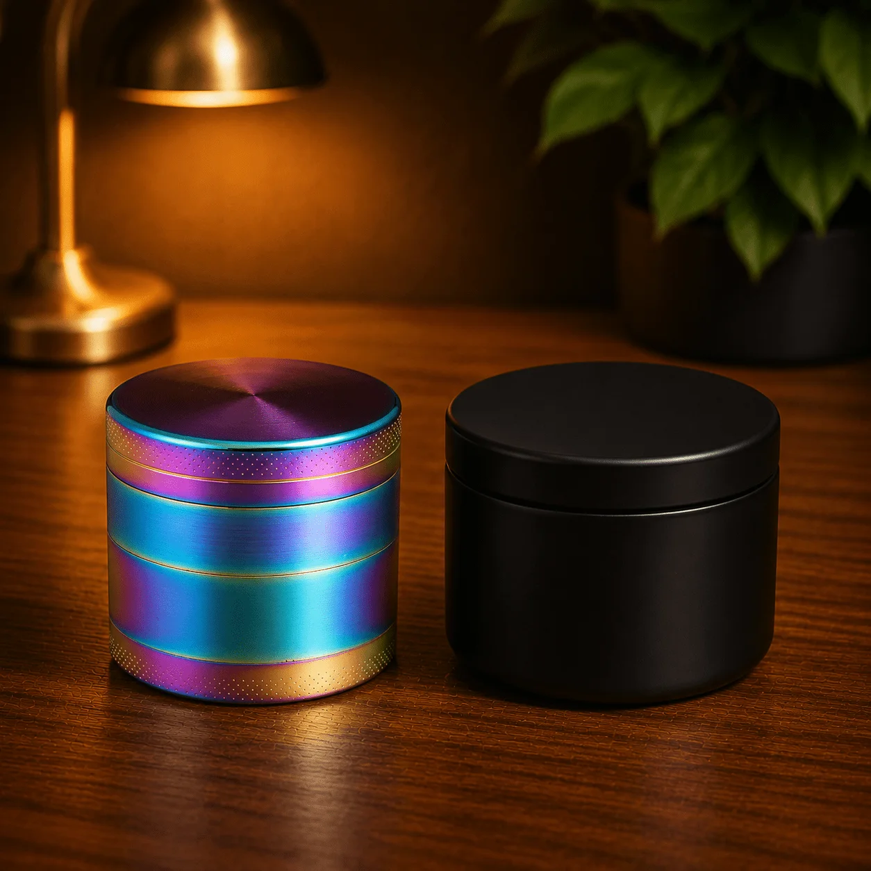 50mm Multicolor Rainbow Finish Zinc Alloy Round Herb Grinder Four Layer Hand Operated Tobacco Mill with Black Storage Jar Set