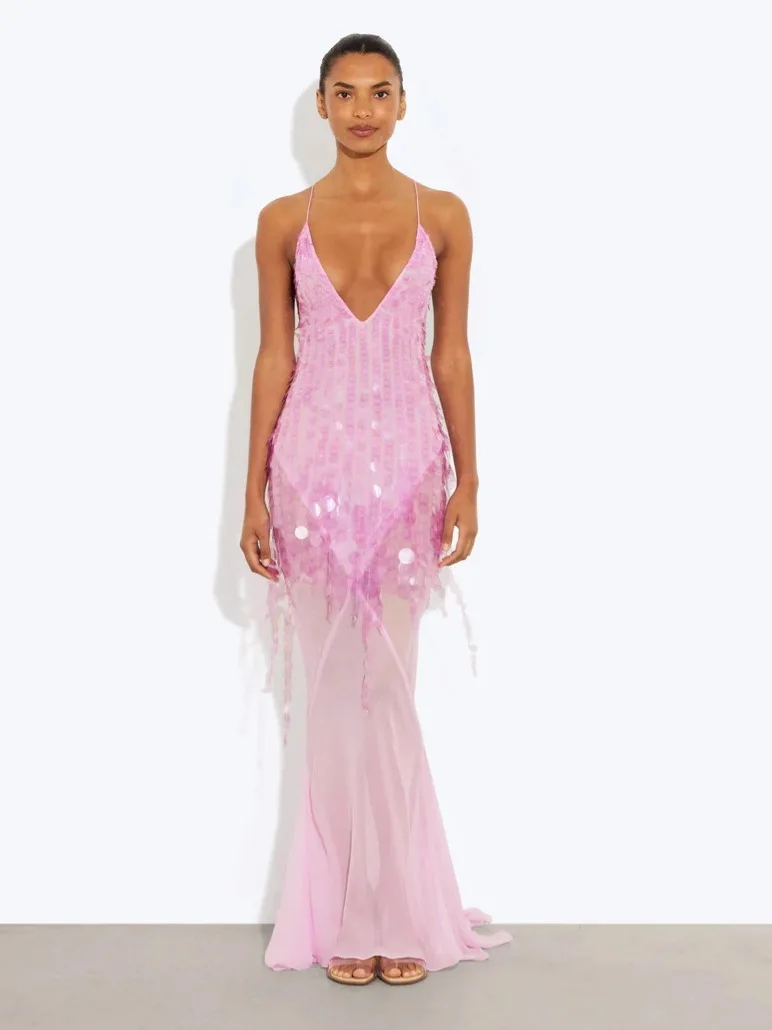 Vestidos sexis de sirena con escote en V profundo y lentejuelas para mujer, vestido ajustado sin espalda sin mangas con cordones de gasa, vestido Maxi para fiesta elegante de verano para mujer
