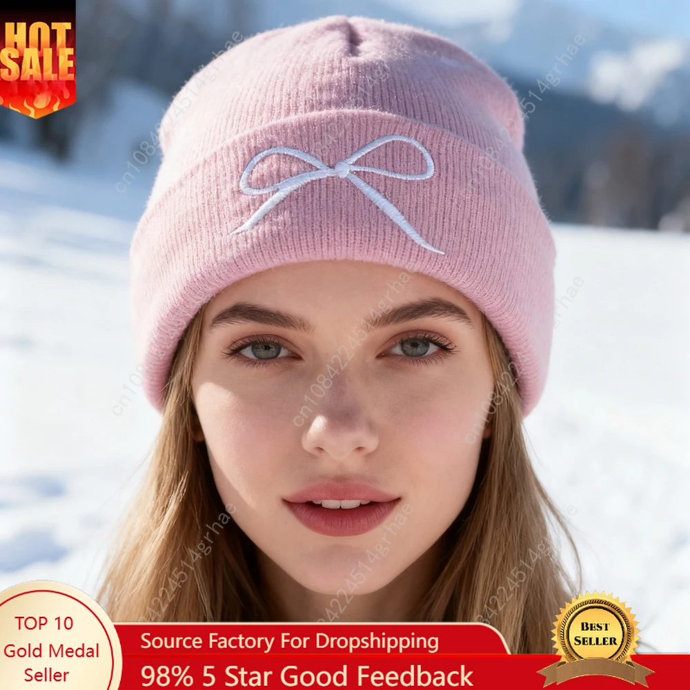 

1pc'bowknot' Embroidered Beanie Soft Stretchy Lightweight Winter Hat for Men & Women, Outdoor Hip Hop Fashion