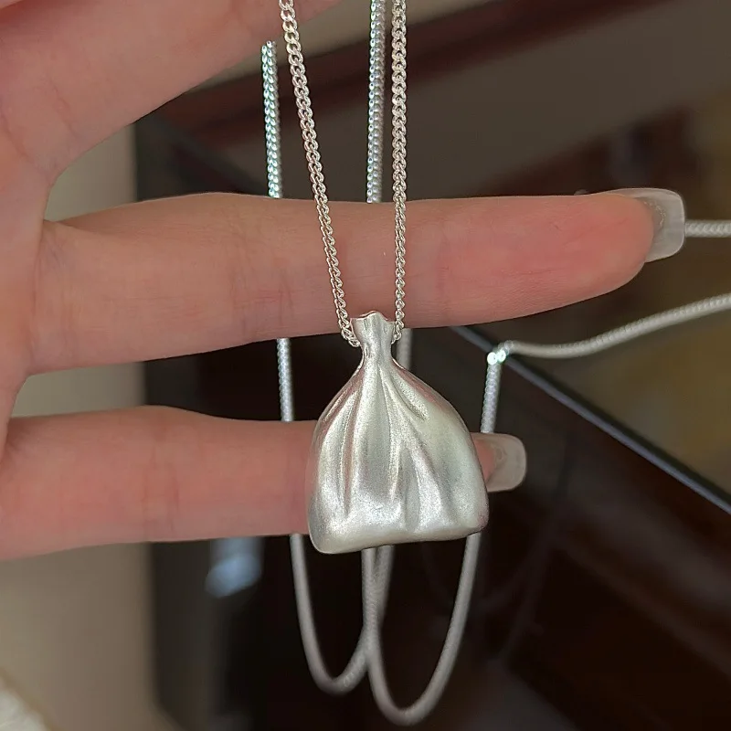 

CHOZON S925 Solid Silver Matte Bag Pendant Necklace Korean Vintage Minimalist Layering Jewelry Gift for Women