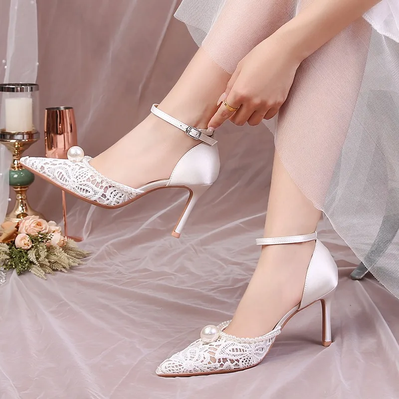 2026 French New One-word Bag Head Hollow Mesh Pearl High-heeled Women's Sandals view 5