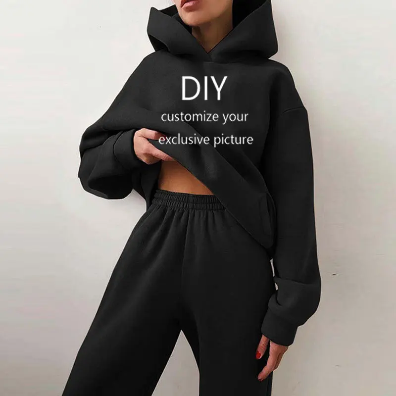 Exclusive DIY Print  Women Autumn Winter Fleeced Tracksuits Casual Sweatpants and Hoodie Set Two Pieces Set Hooded Sweatshirt