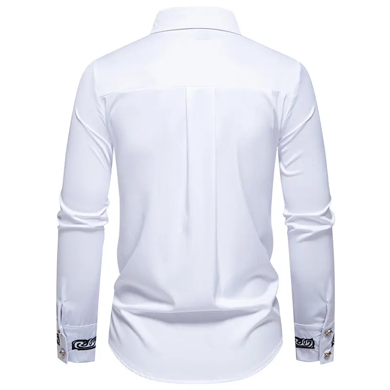 New Men Luxury Wedding Party Embroidered Dress Shirt Lapel Loose Tops Fashion Gentleman Court Banquet Evening Shirts