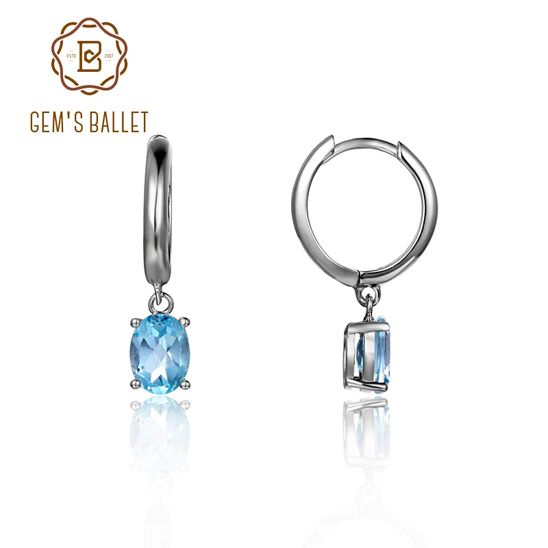 GEM'S BALLET December Birthstone Jewelry 6x8mmOval Swiss Blue Topaz Gemstone Dangle Earrings in 925 Sterling Silver For Women