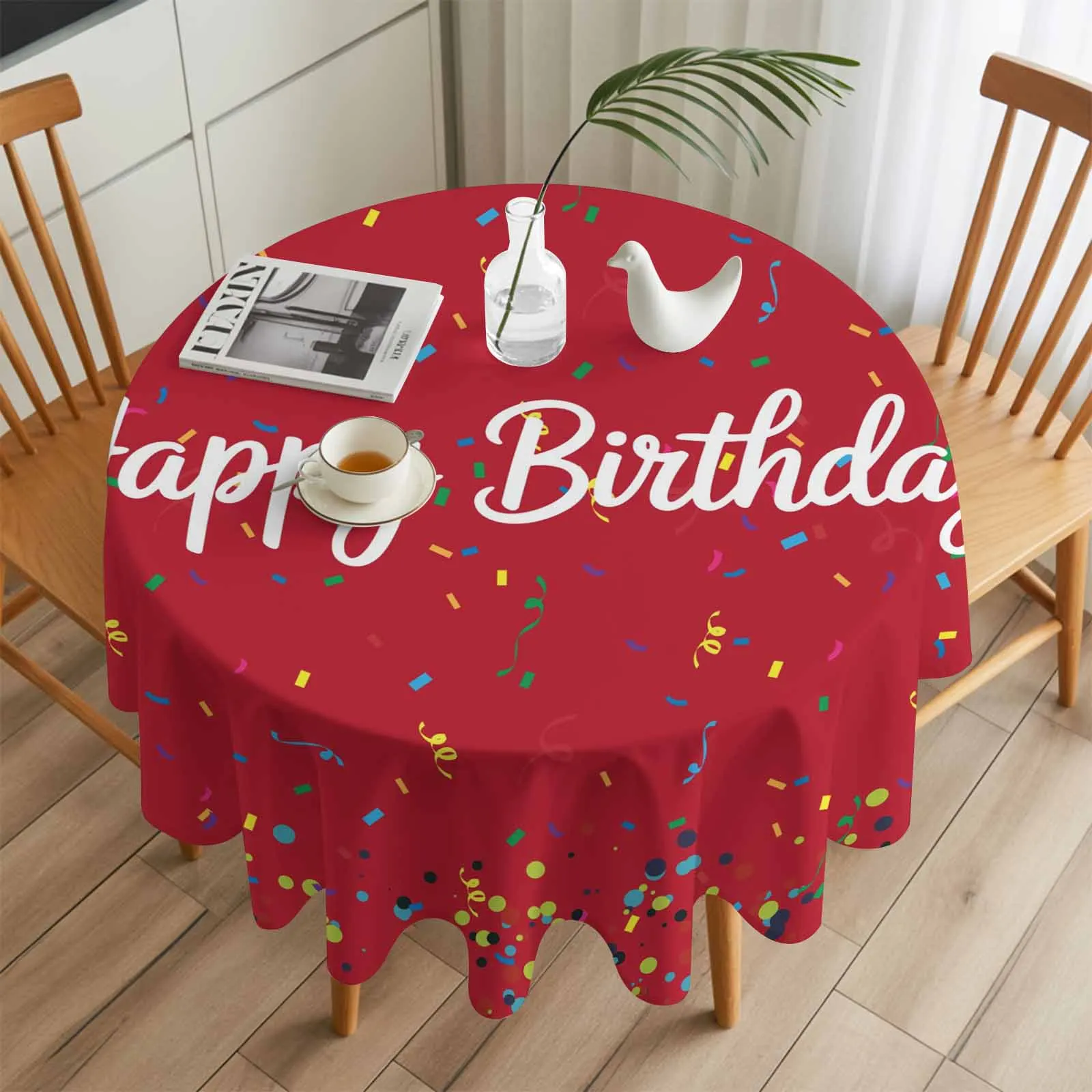 

Red Celebration Birthday Ribbon Round Table Cloth Festival Dining Tablecloth Waterproof Table Cover for Wedding Party Decor