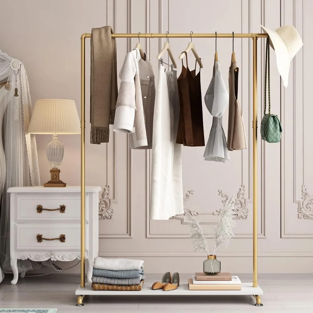 

Gold Metal Clothing Rack with Shelf for Clothes Display, Industrial Pipe Garment Rack for Bedroom Retail Boutique Use