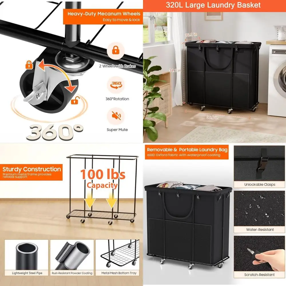 

Rolling 320L Metal Frame Laundry Hamper with Removable Bag for Home, Dorm Use - Black