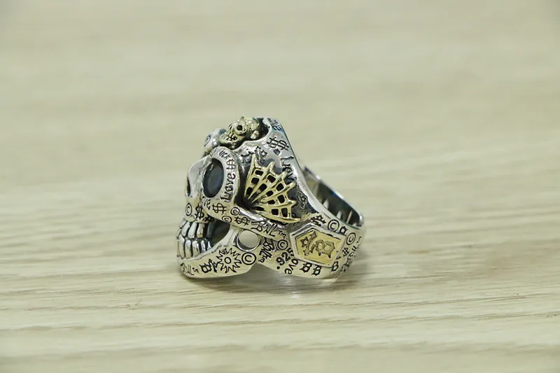 Skull hip hop ins fashion nightclub exaggerated 925 sterling silver ring Fashion retro open rock graffiti ring