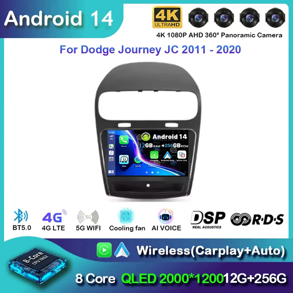 Radio de coche para Dodge Journey JC 2011 - 2020 Android 15 reproductor Multimedia estéreo 5G wifi navegación GPS inalámbrica Carplay HDR QLED