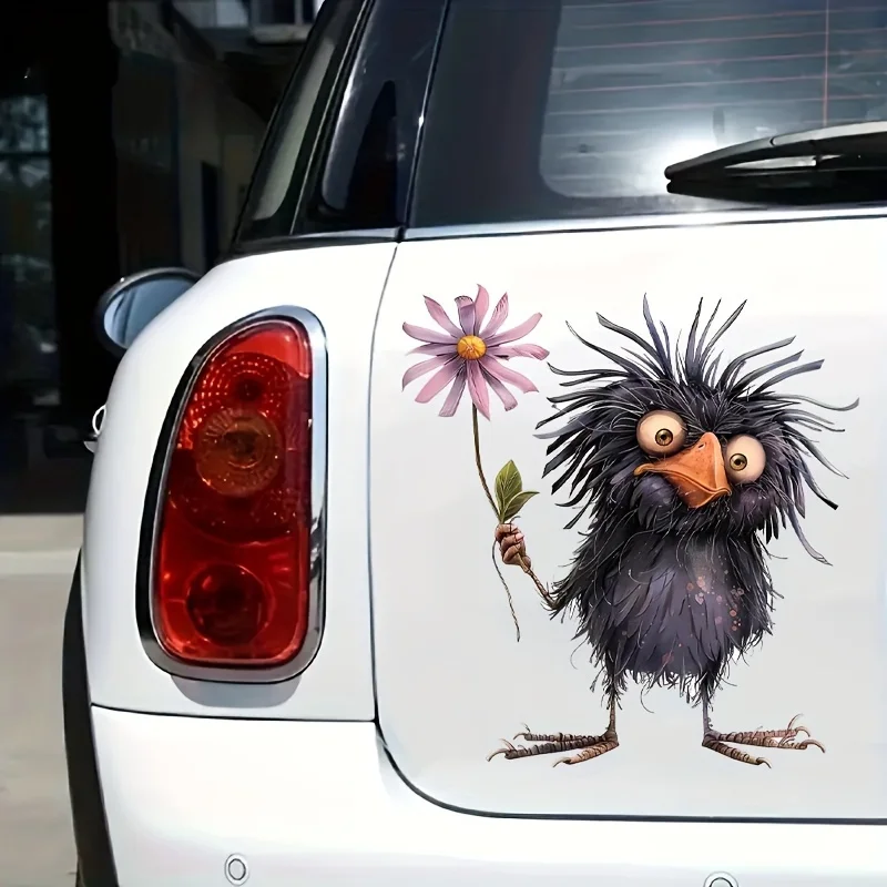 

Whimsical Cartoon Crow with Flower Car Stickers Waterproof for Trunk Laptop Vinyl Decals Scratches Cover Funny Auto Decoration