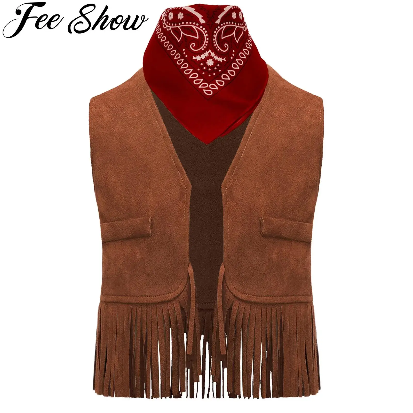 Kids Baby Western Cowboy Costume Suede Tassels Vest with Bandanna Children Halloween Cosplay Carnival Theme Party Fancy Dress Up