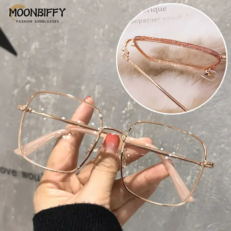 Oversize Square Myopia Glasses for Women Men Anti Blue Light Computer Eyeglasses Shiny Frame Prescription Eyewear 0~-6.0 Diopter