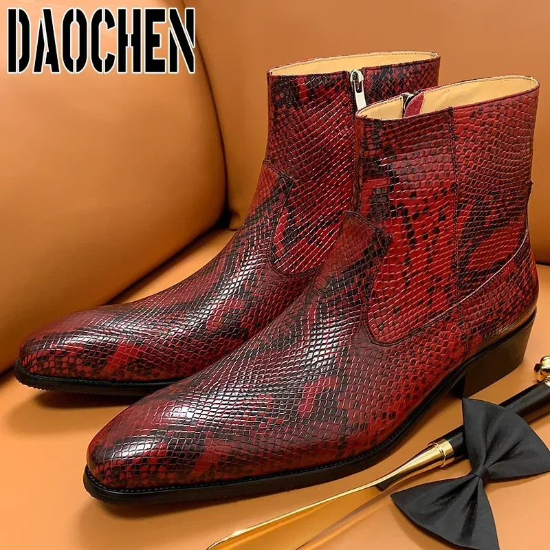 Luxury Brand Men\'s Boots High Zipper Mid-Calf Boots Slip On Python Casual Shoes Red White Basic Boots Leather Shoes Men