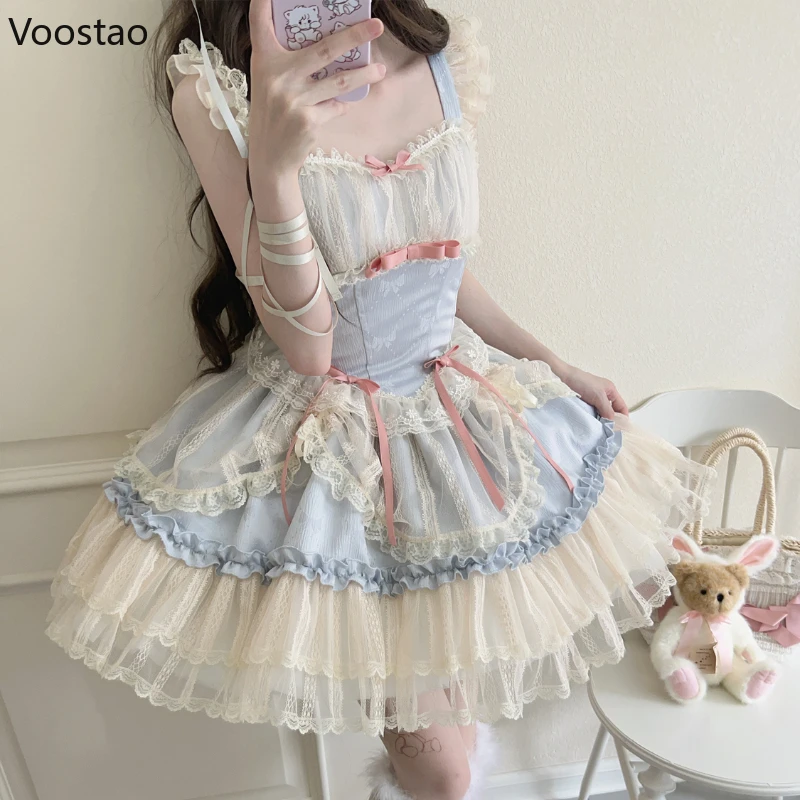 Süße elegante Lolita Jsk Kleid Frauen Kawaii Bogen Spitze Rüschen Mesh ärmellose Prinzessin Party Kleider Mädchen Ballett Stil Mini kleid