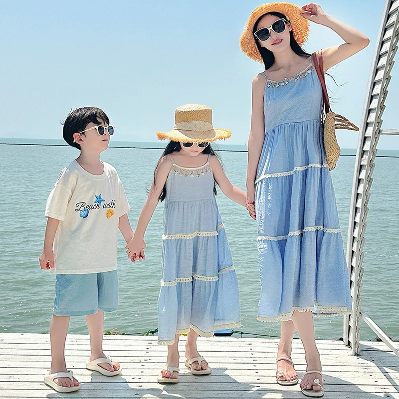 

2026 Summer Family Matching Outfits Boho Tassel Trim Cami Dress Set Mom Daughter Son Beach Vacation Casual Wear