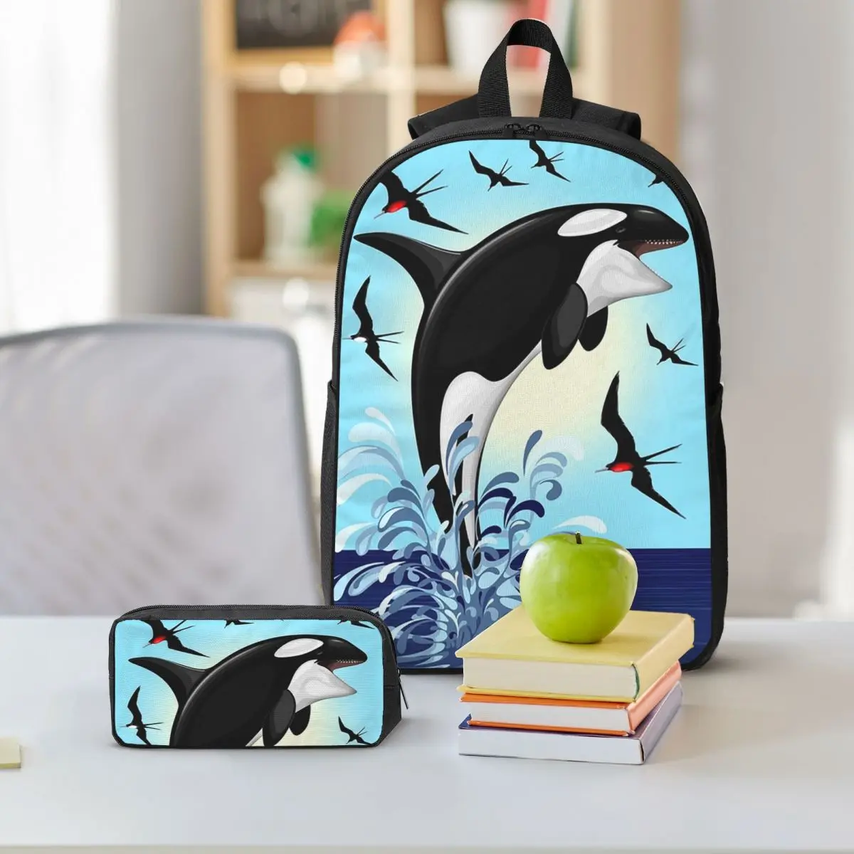 Orca Killer Whale Jumping Out The Ocean Backpack Student BookBag School Bag Shoulder Bags 3ps Insulated Lunch Bag Pencil Case