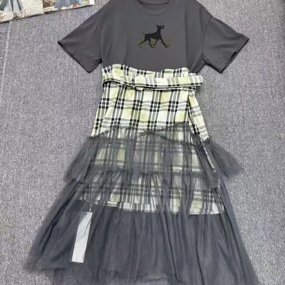 シックなガーゼシャーリングロータスパッチワークチェック柄 Tシャツドレス夏市松メッシュスプライシングフリルロング Tシャツドレス半袖トップス