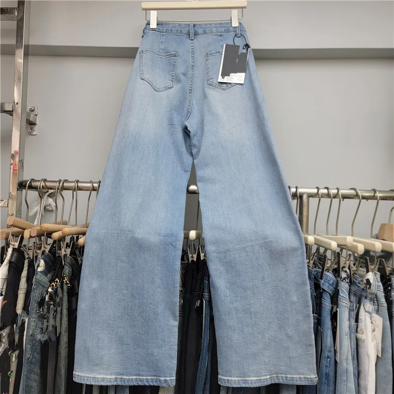 Heavy Industry Beaded Embroidered Denim Trousers Women's Tide Autumn New High-waisted Loose and Thin Versatile Wide-leg Trousers