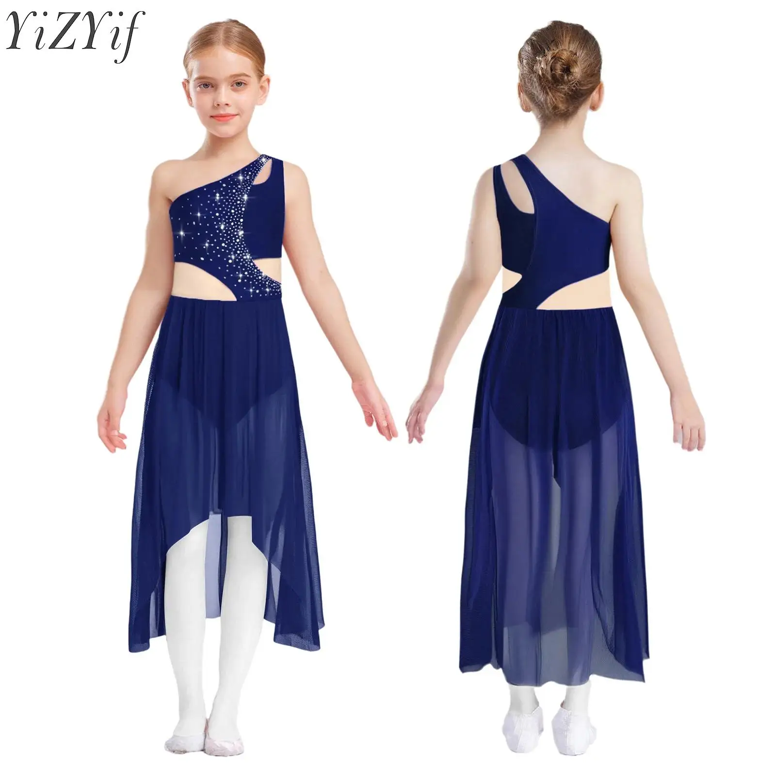 

Kids Girls Ballet Lyrical Dance Dress Rhinestones One Shoulder Sleeveless Cutout High-Low Maxi Dress Figure Skating Dancewear