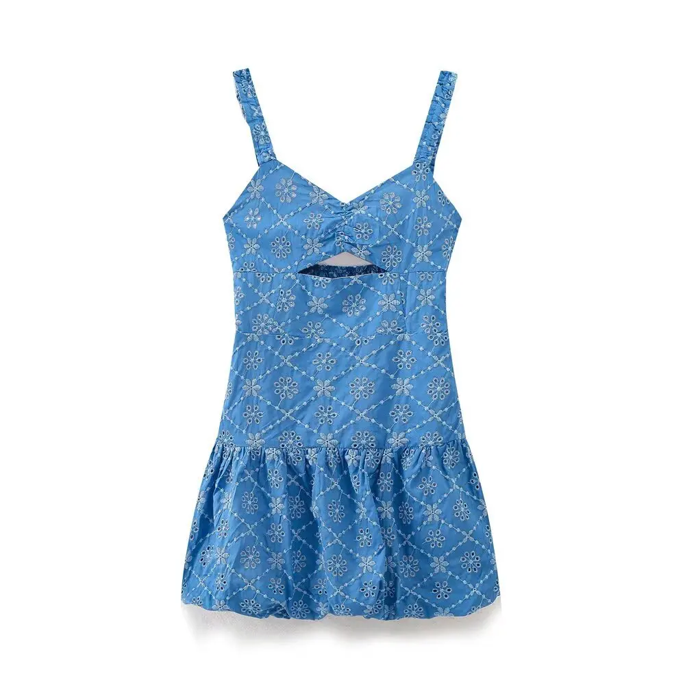 Women's Vintage Hollow Embroidery Mini Dress Sleeveless Blue Suspender Dress Pleated Backless Short Skirt Beach Holiday Dress