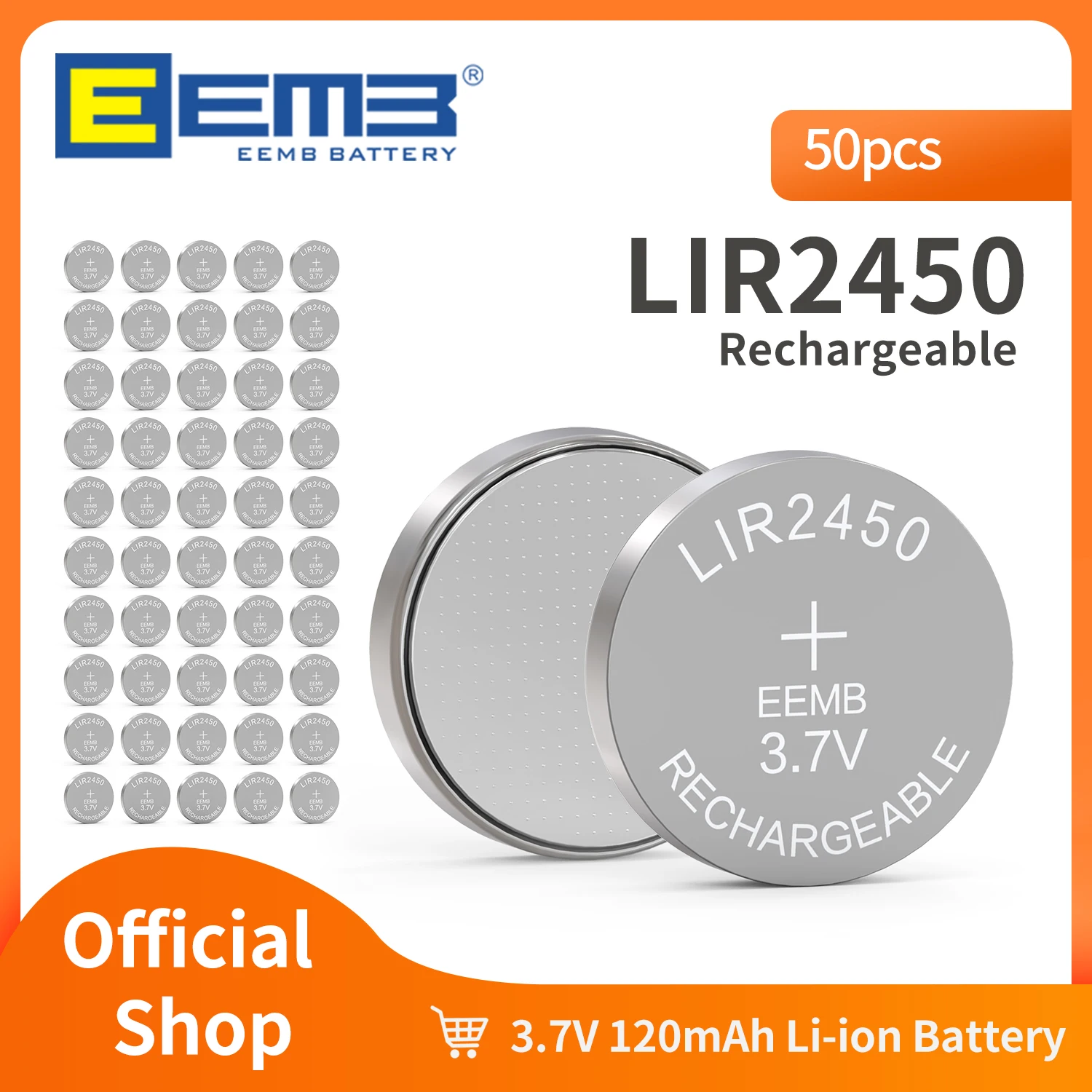 EEMB 50PCS LIR2450 Rechargeable Button Battery 3.7V 2450 Lithium Battery 120mAh Coin Cell Batteries