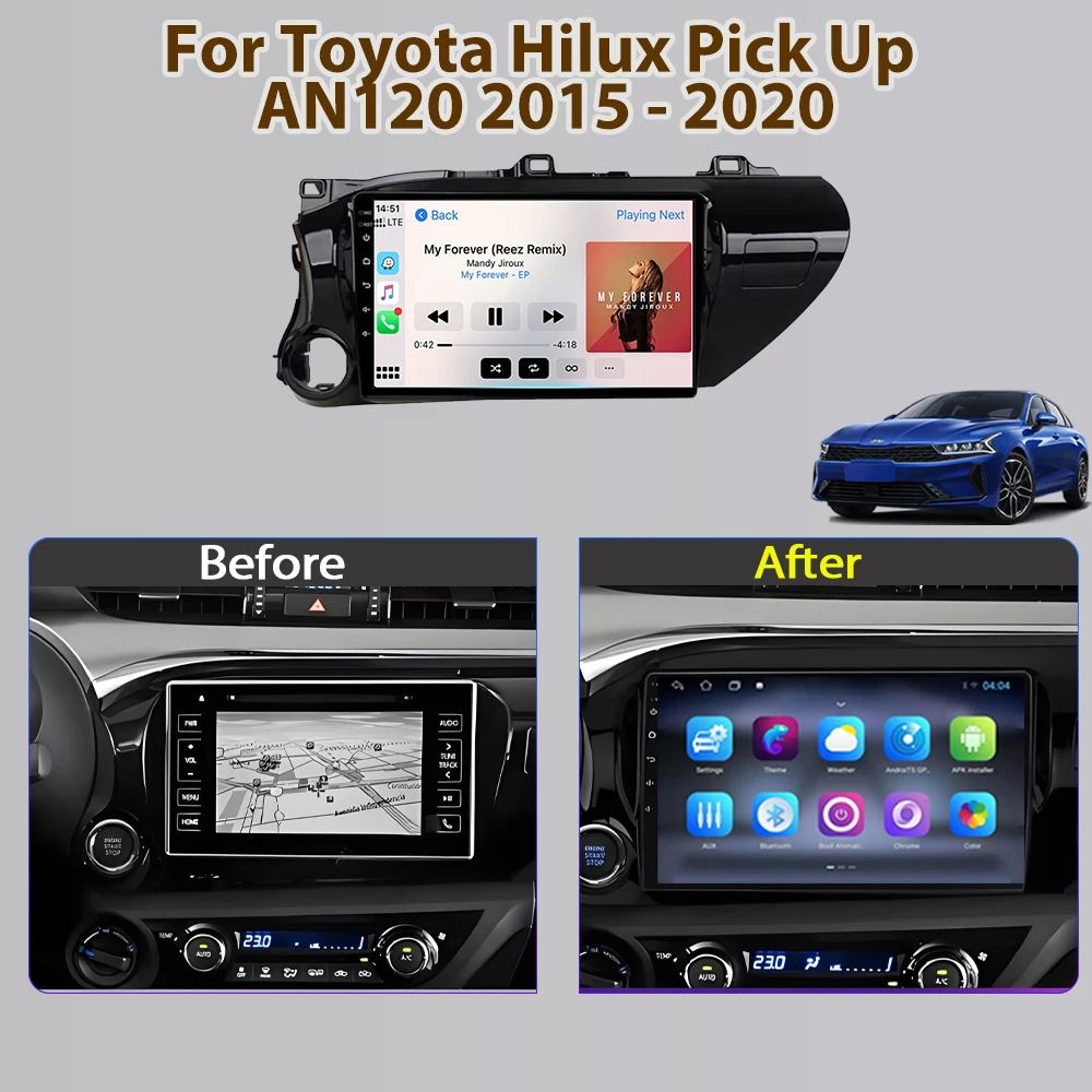 Car Radio Android Navigation For Toyota Hilux Pick Up AN120 2015 - 2020 Multimedia Video Player Head Unit 2din DVD QLED Screen