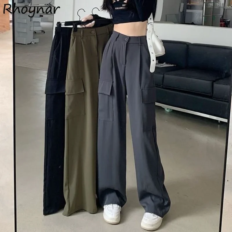 

Cargo Pants Women Baggy Minimalist Korean Fashion Teens College Pantalones Big Pockets Pure High Waisted Designer Trouser Casual