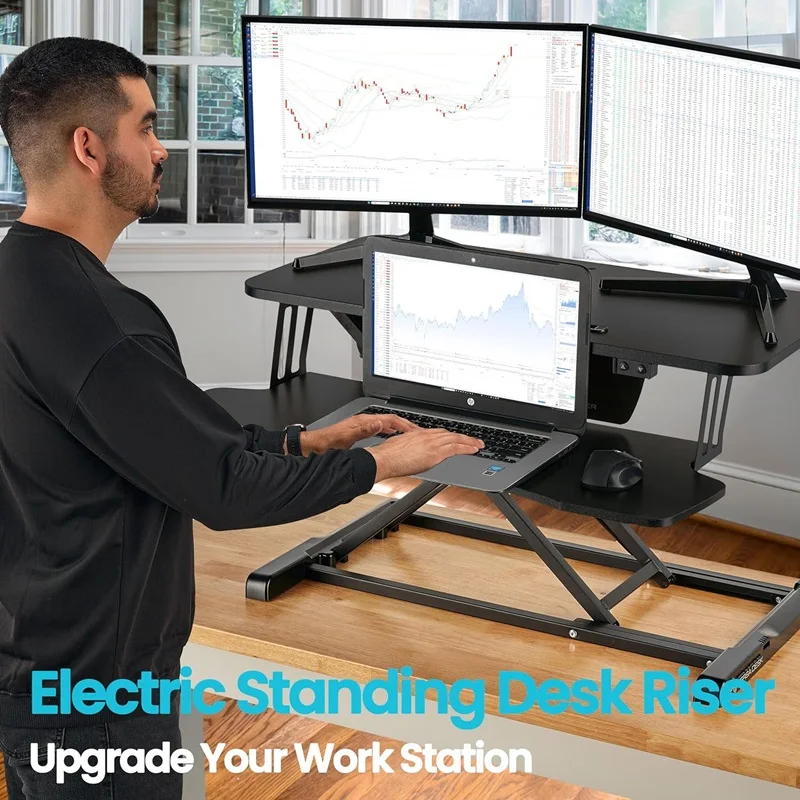32-Inch Dual Monitor Electric Standing Desk Converter with Removable Keyboard Tray, Height Adjustable Standing Computer Desk for