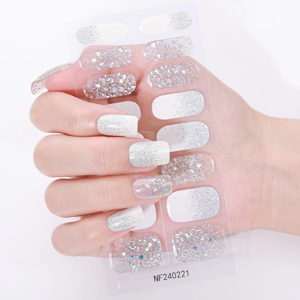 16Tips Gradient Semi Cured Gel Nail Strips Sparkly Long Lasting Self-Adhesive Gel Nail Wraps Full Cover UV Nail Sticker