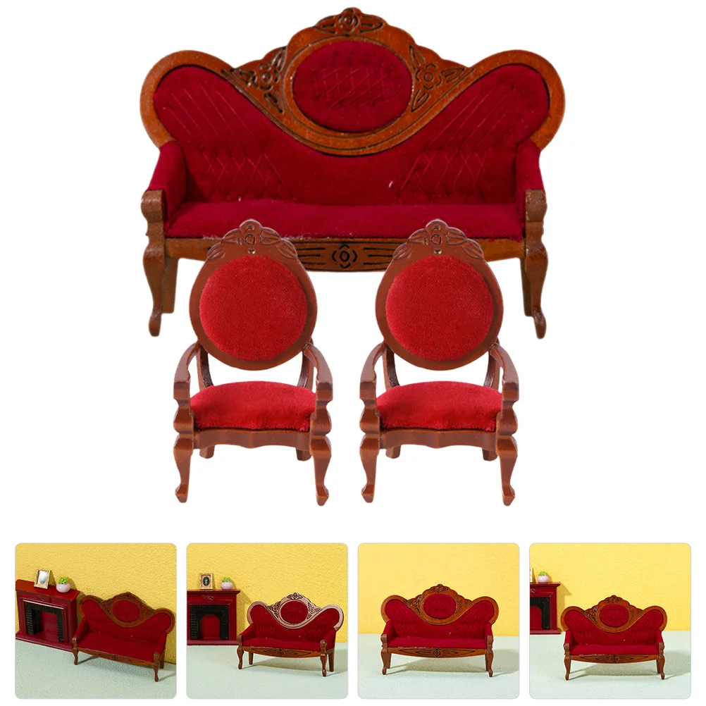 3 Pcs Pocket Small House Peach Armchair Decor Miniature Living Room Wood Cotton Pad Sofa Figurine