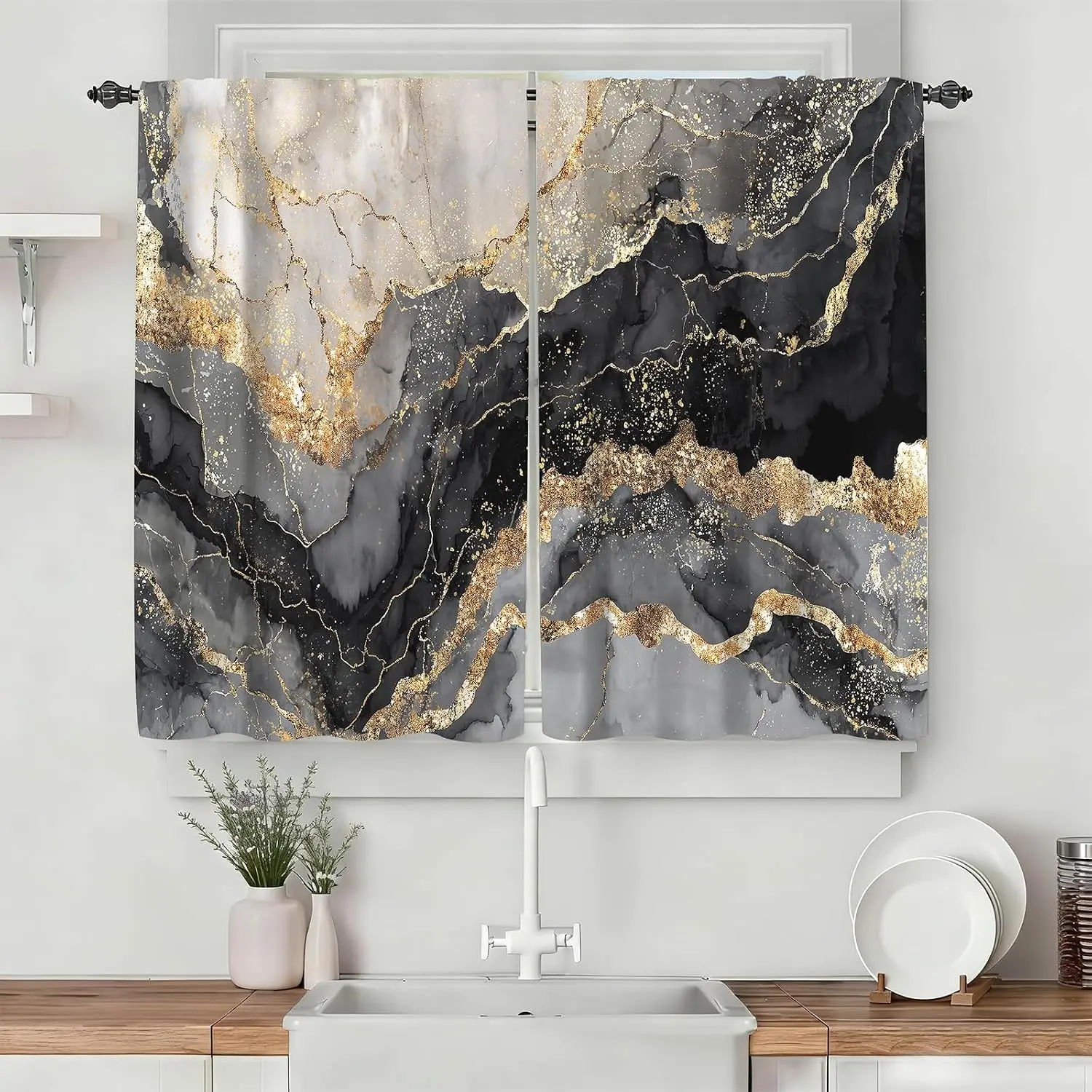 Luxury Black Gold Marble Abstract Curtains Pair Modern Chic Window Drapes Style for Bedroom Living Room Home Decor 2pcs