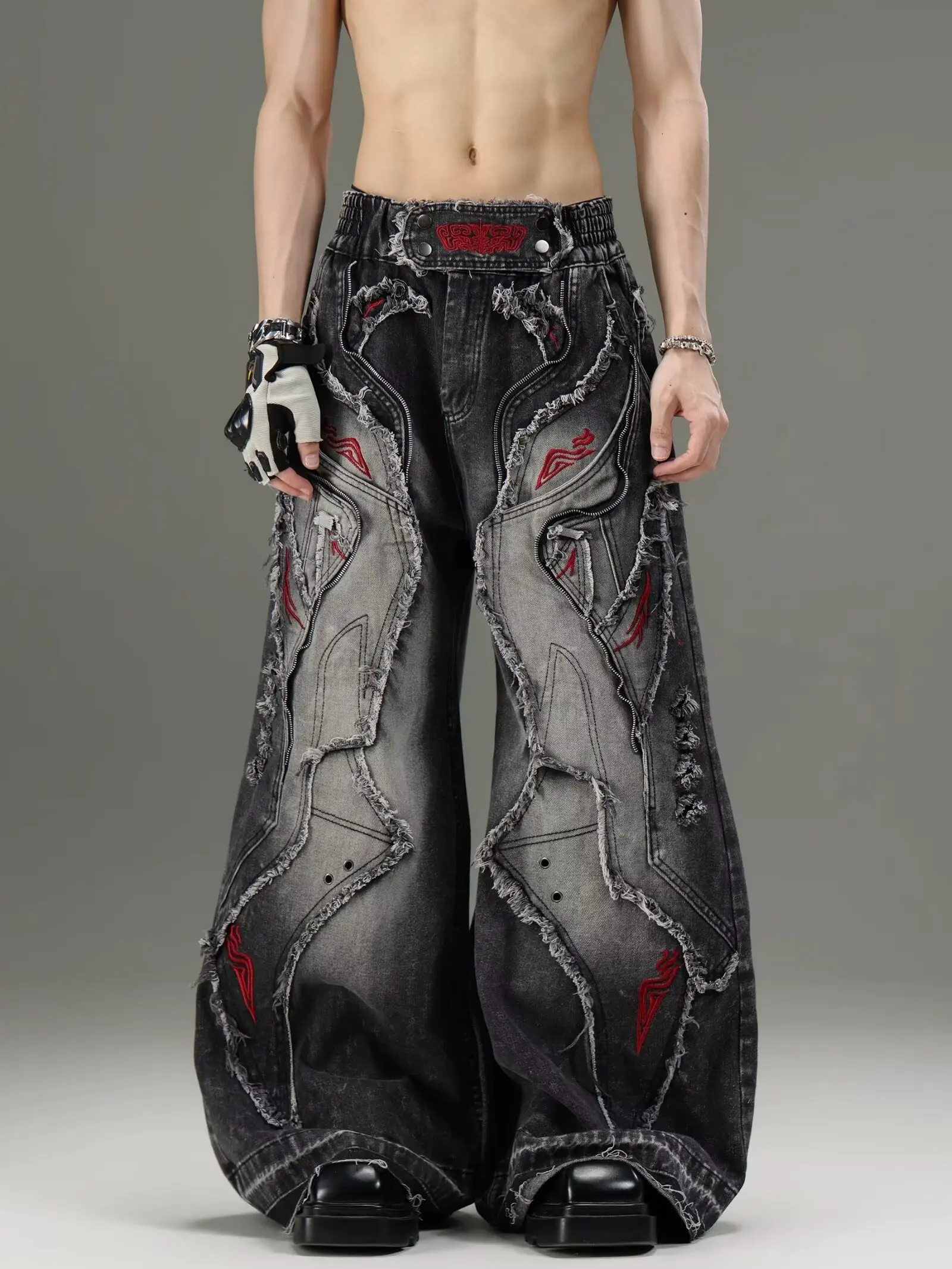 Gothic Retro Baggy Unisex Mopping Pants Y2K Phantom Jeans High Street Red Embroidered Patch Hip Hop Streetwear Straight Jeans