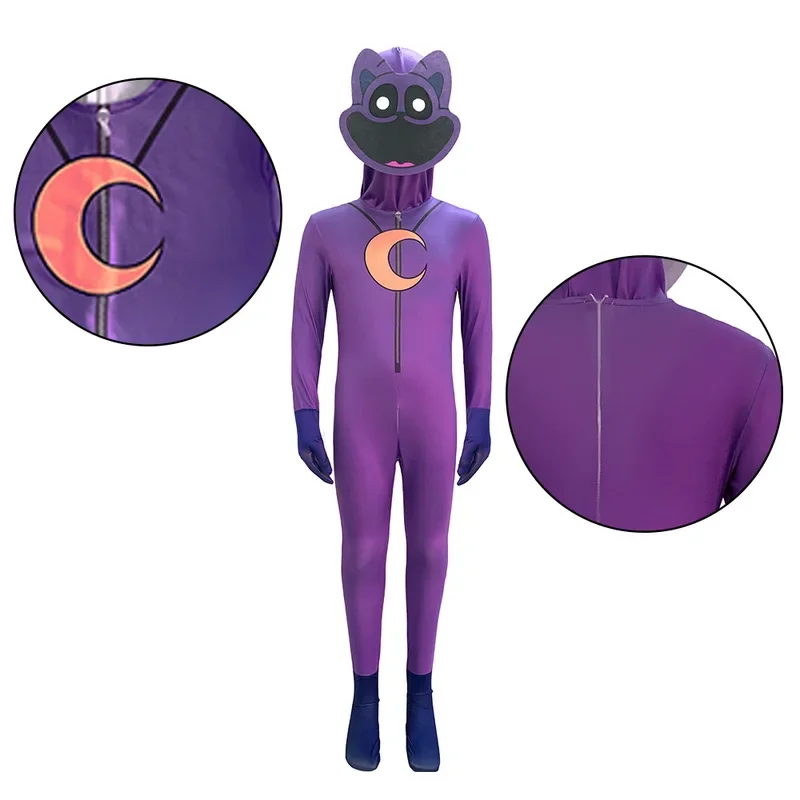 Halloween Cosplay Costume para meninos e meninas, Catnap Bodysuit, Macacão, Bodysuit, Casas sorridente Gato, Traje roxo