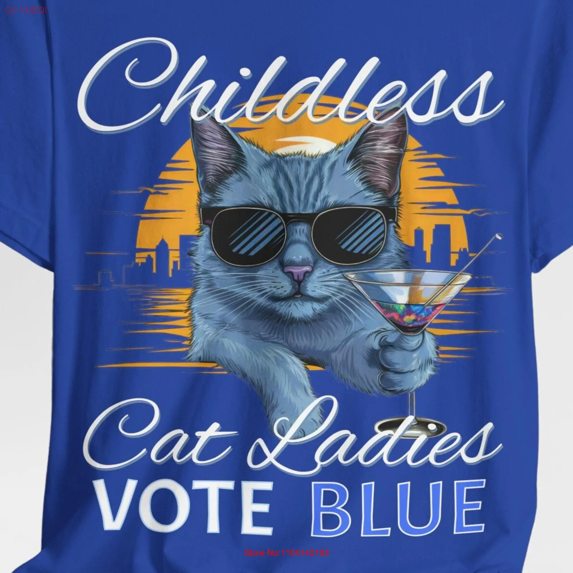 Funny Election T Shirt for Cat Lovers Childless Ladies Vote Blue with Sophisticated in Shades and Martini Political Humor