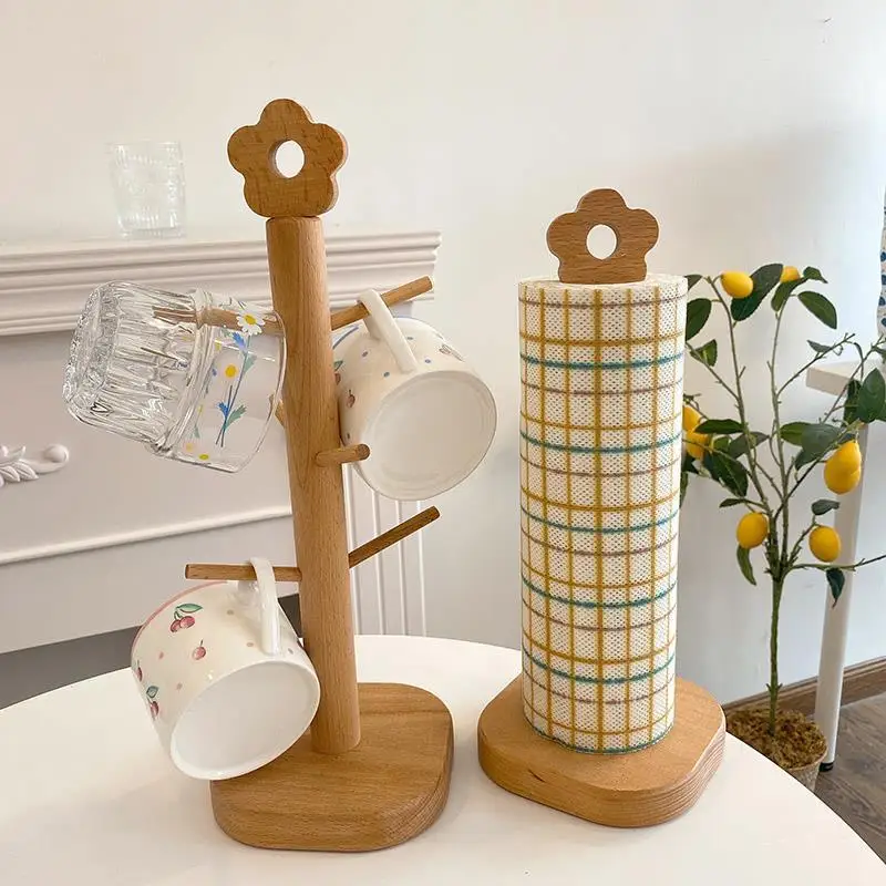 

Lovely Flower Desktop Cup Rack Paper Holder Wooden Coffee Mugs Drying Shelf Dining Tissue Dispenser Kitchen Storage Organizer