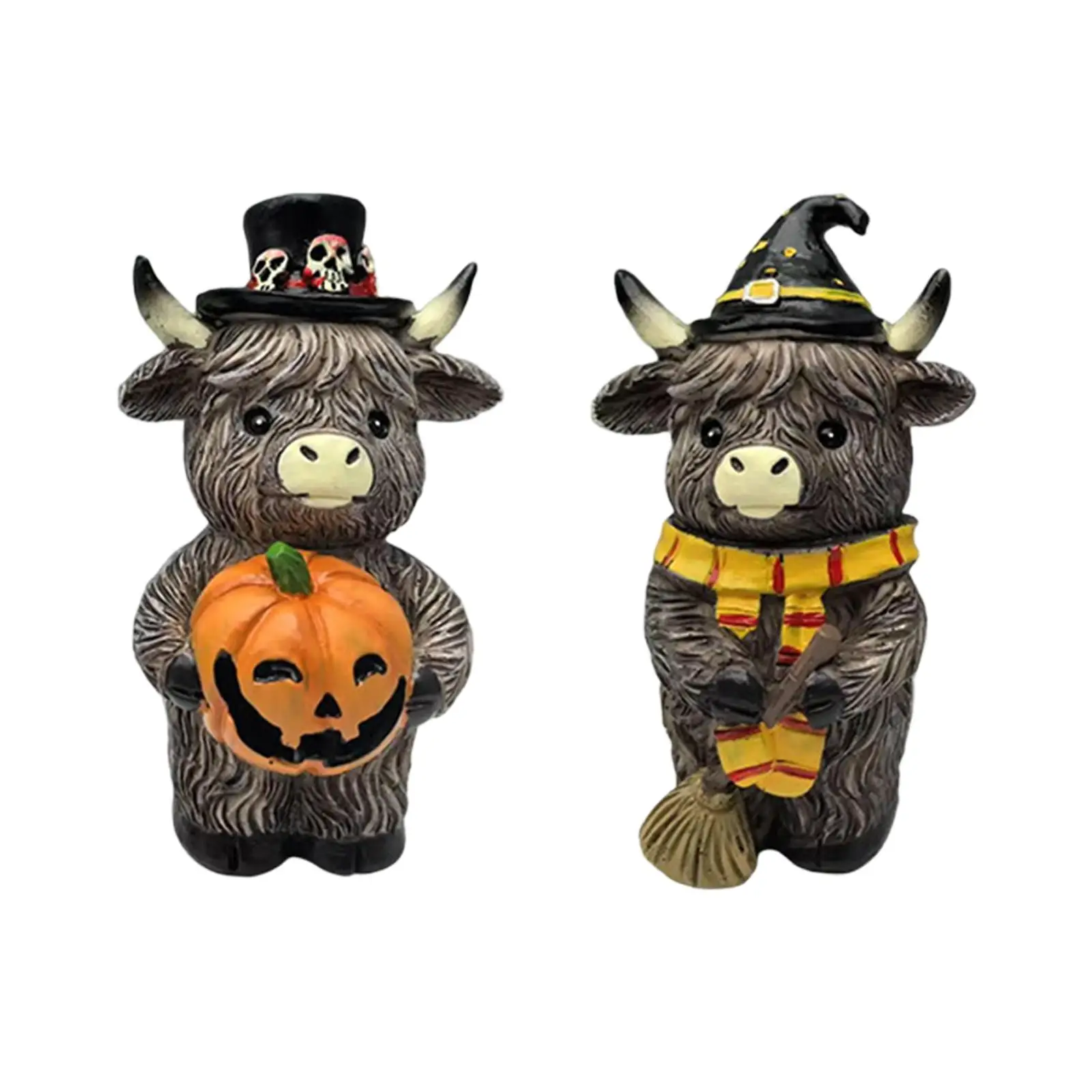 2x Autumn Highland Cow Statue Resin Ornament for Study Room Bedroom Cabinet
