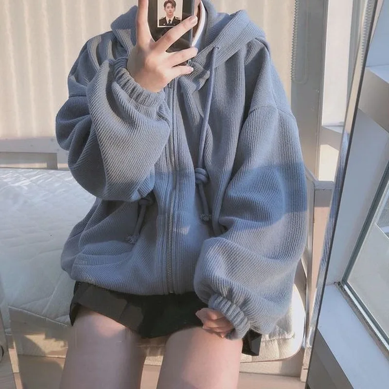 Blue Zip Oversized Hoodies Women Coat Long Sleeve Sweatshirt Korean Fashion Loose Sports Student  Winter Velvet Warm 2023