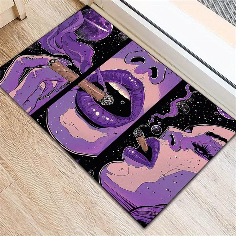 Purple Lips Smoking Cigar Doormat - Abstract Art Entry Rug,Stylish & Unique Cool Floor Mat, Non-Slip, Multiple Sizes