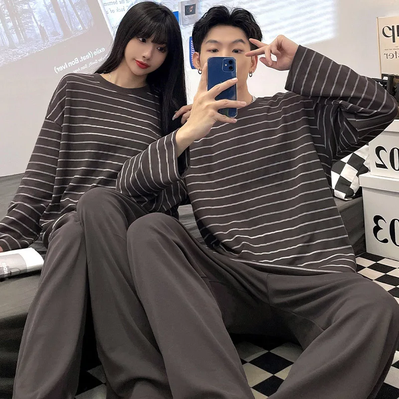 Couple Nightwear Men Women Cotton Pajamas Set Big Size Autumn Nightwear Homewear Set Long Sleeve Pant Korean Kawaii Clothes