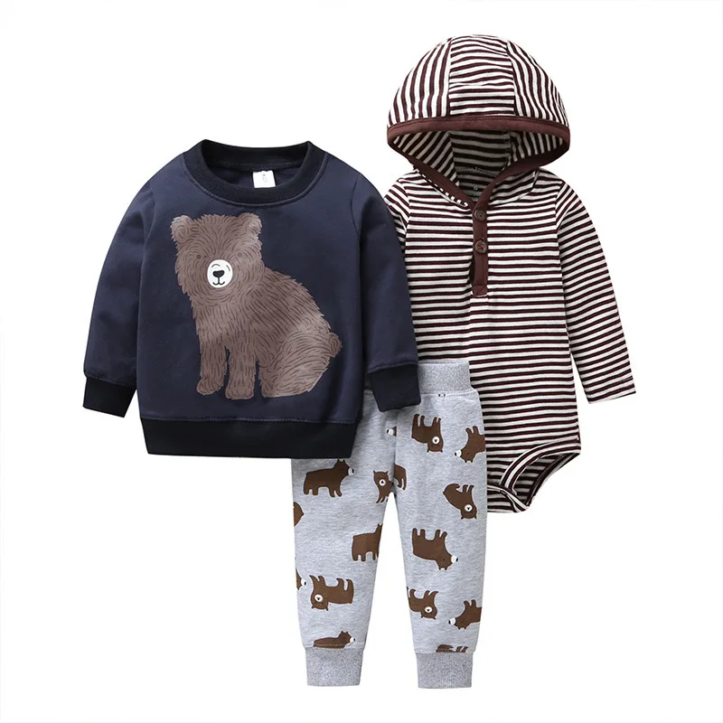 IYEAL Baby Boy Girl Outfit Set Cotton Long Sleeve Hooded Jacket +Rompers+Pant Newborn Infant Toddler Clothes  Kids Clothing Set