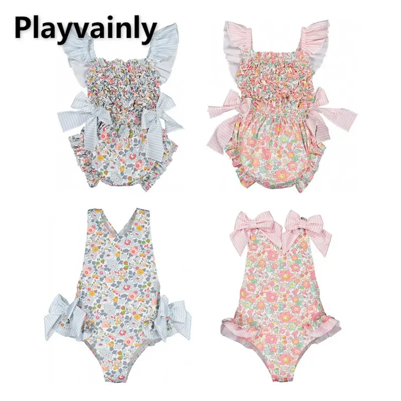 Baby Girls Swimwear Blue/Pink Floral Print Cute Bow One Piece Suspender Swimsuit Fashion Children Beach Clothes E1158