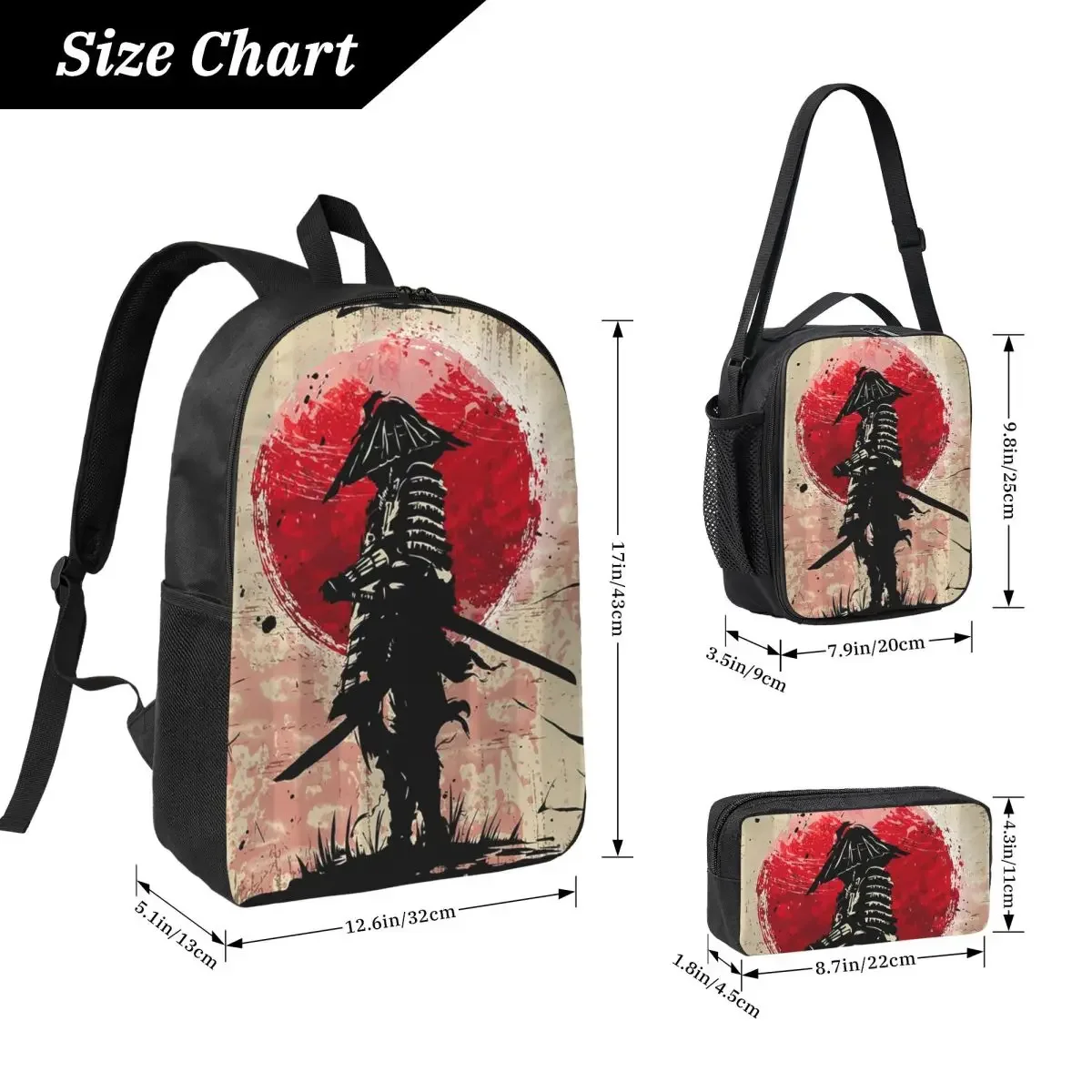 Japanese Art Samurai Fighter Bushido Backpack BookBag School Bag Computer Shoulder Bags 3ps Insulated Lunch Bag Pencil Case