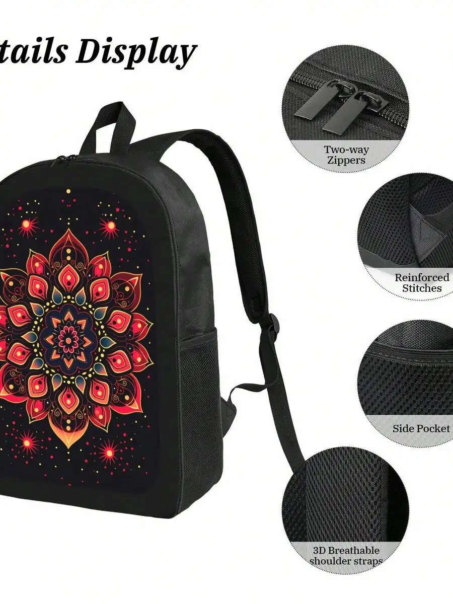 Mandala Print Black Red Backpack Lightweight Daily Use Adjustable Shoulder Straps Zipper Closure For School Travel Camping