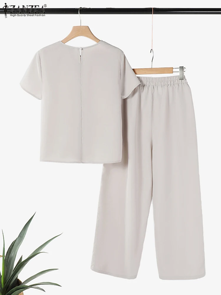 ZANZEA Summer Elegant OL Work Suits Women Pant Sets Short Sleeve Embroidery Blouse Wide Leg Trousers 2pcs Fashion Woman Outfits