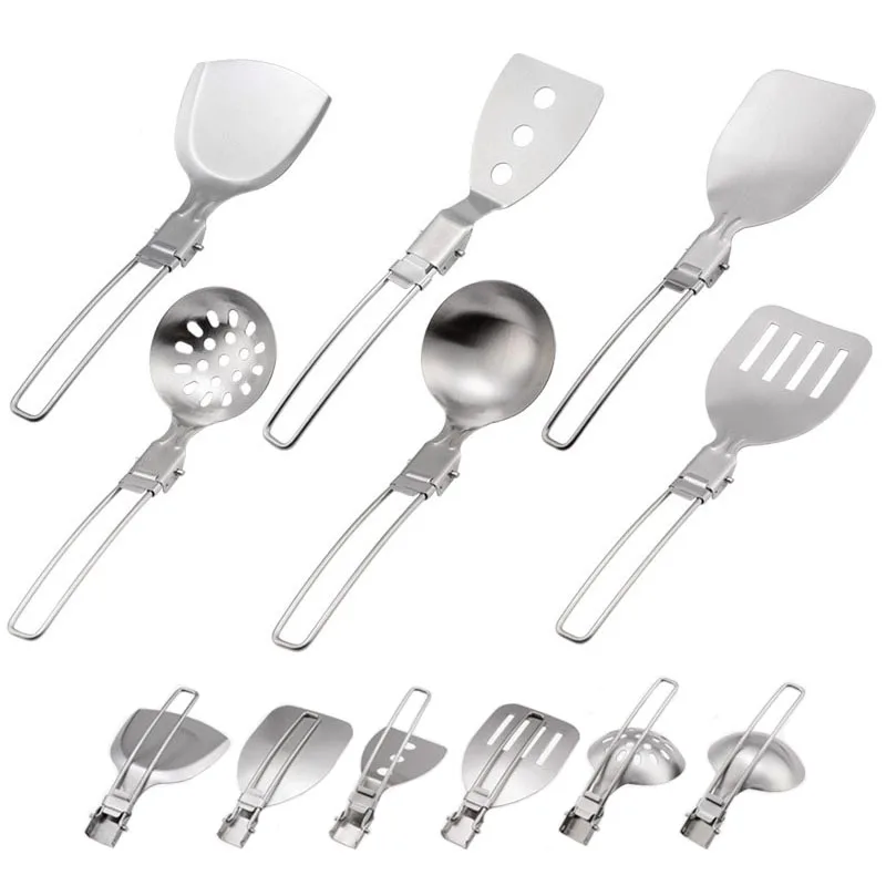 Folding Stainless Steel Soup Ladle Spatula, Slotted Spoon, Food Turner, Strainer, Colander, Outdoor Camping, Cooking Utensils