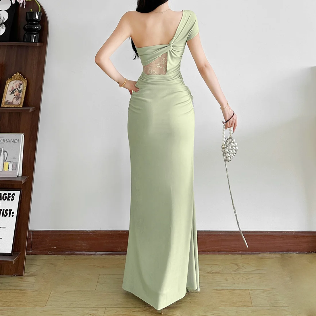 Cross-Border Style Summer New Pure Color Hollow out Lace Pattern Asymmetrical Shoulder Pleated Long Dress Women's Dress