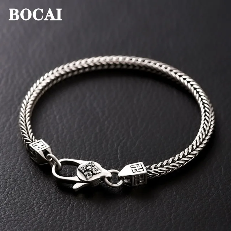 

BOCAI NEW Real S925 Silver Jewelry Accessories Fashionable Diamond Pestle Fox Tail Chain Men's and Women's Bracelet Wholesale