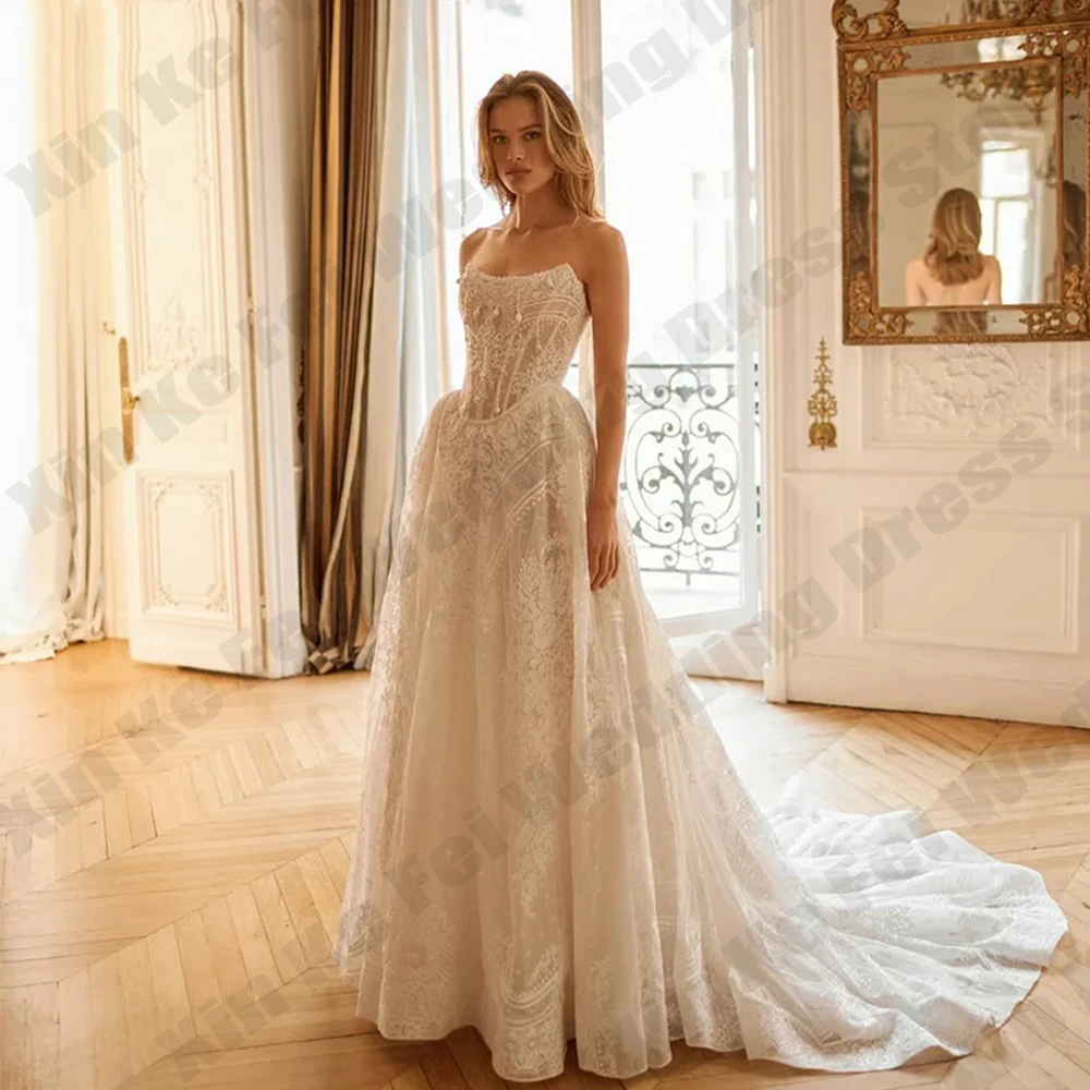 

Vintage Glitter Women's Bridal Gown Lace Sexy Off Shoulder Sleeveless Princess A-line Wedding Dresses Customized robe de mariée