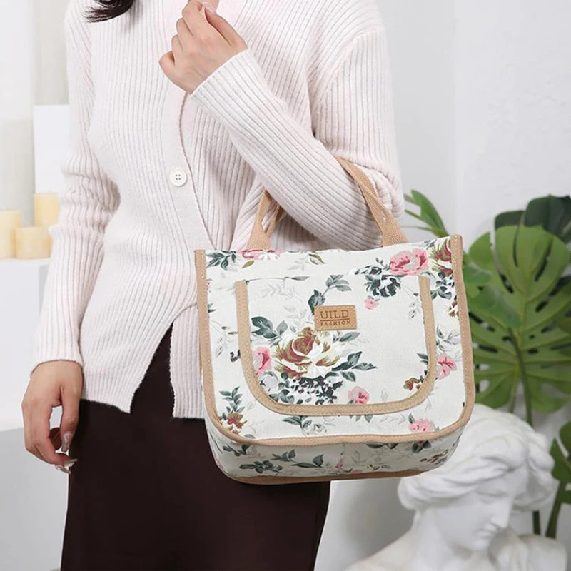 Fashion Simple Ethnic Style Flower Print Handbag Office Worker Commuter Bento Tote Bag Women's gifts