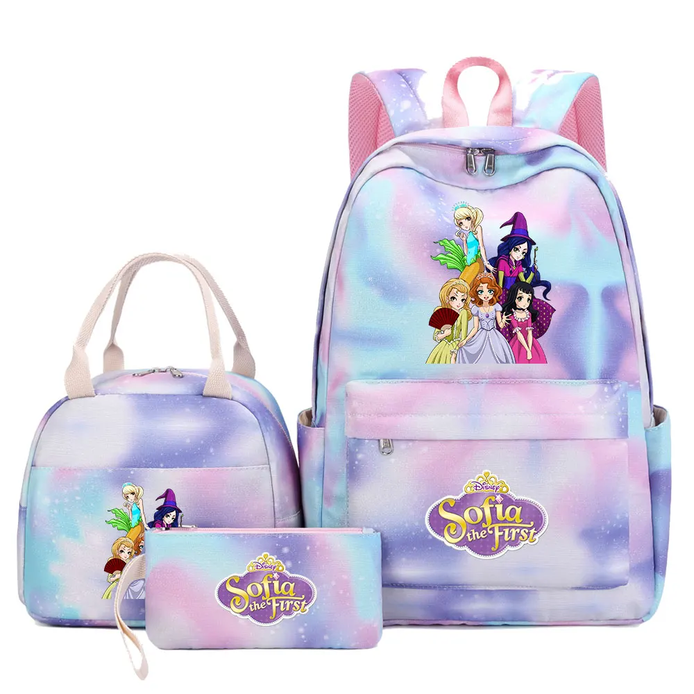  Sofia Princess Girl Kids Pen Lunch Bags Rainbow Galaxy Bookbag 3Pcs Women Teenagers Schoolbags Travel Laptop Backpack